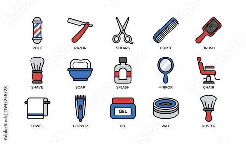 Barber tools collection: razor, shears, comb, brush, clipper, and more icons