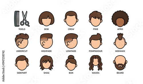 Diverse hairstyle icons featuring various cuts and styles including afro and mohawk