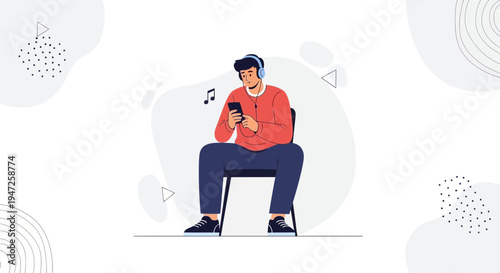 Man with headphones listening to music on smartphone, sitting on chair, abstract background