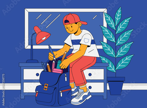 Young Student Boy Packing Backpack In Bedroom For Back To School Education And Learning Preparation