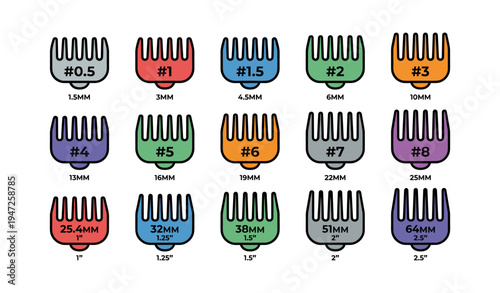 Colorful hair clipper guards with sizes in millimeters and inches displayed