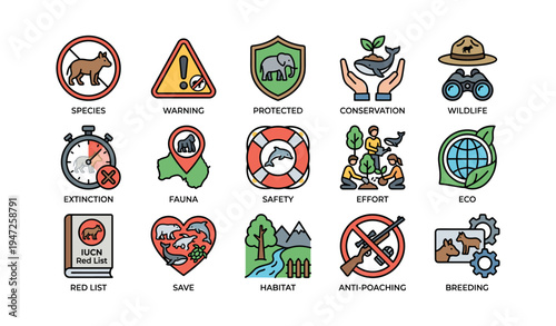 Wildlife conservation icons highlighting protection and environmental efforts
