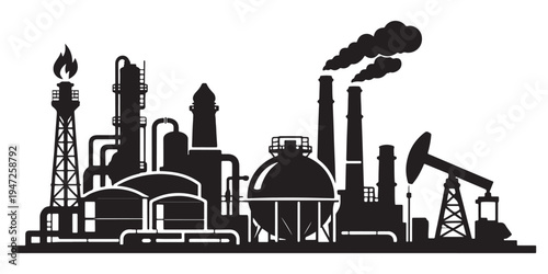Industrial factory silhouette vector illustration with oil refinery, chemical plant, and pump jack, depicting energy production and heavy industry