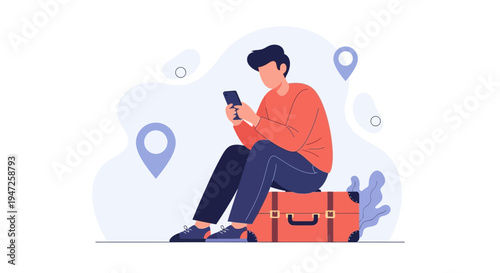Man with suitcase using smartphone, travel concept, location pins