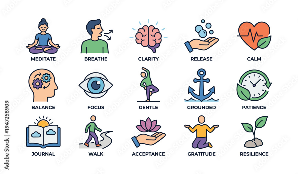 Fototapeta premium Mindfulness and wellness icons featuring meditation, clarity, calm, and acceptance