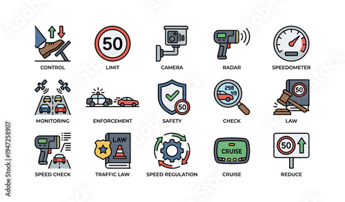 Traffic safety and law enforcement icons illustration with speed control and monitoring elements