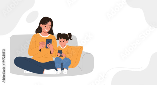 Mother and Daughter Using Smartphones Together on Sofa