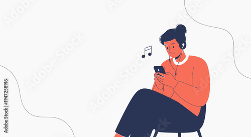 Person Listening Music on Phone with Headphones, Relaxing with Notes