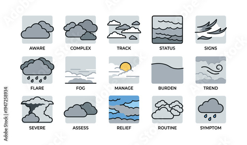 Weather icons collection: clouds, rain, sun, and wind symbols in various styles