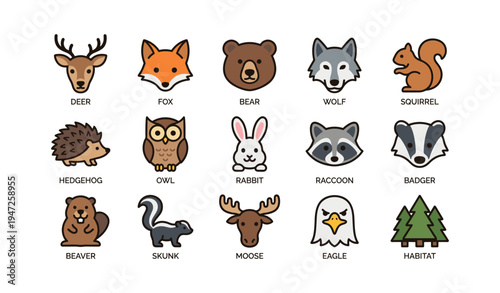 Cartoon animal faces: deer, fox, bear, wolf, squirrel, hedgehog, owl, rabbit, raccoon, badger