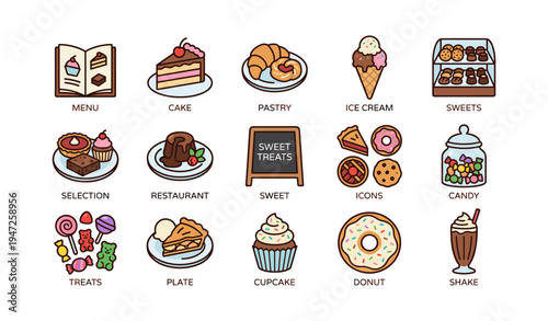 Sweet treats variety: cake, pastry, ice cream, sweets, candy selection
