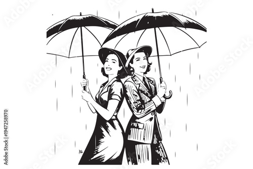 Two smiling women standing under umbrellas in rain, elegant vintage style illustration capturing joy and friendship during bad weather, perfect for retro fashion or weather themed concepts