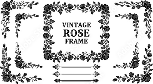 Vintage rose floral frame silhouette vector illustration set featuring ornate borders, decorative corners, and botanical motifs