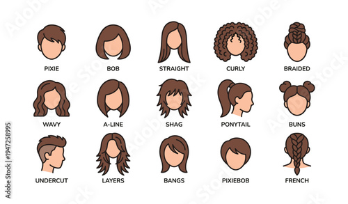 Diverse haircuts and hairstyles collection featuring various lengths and styles
