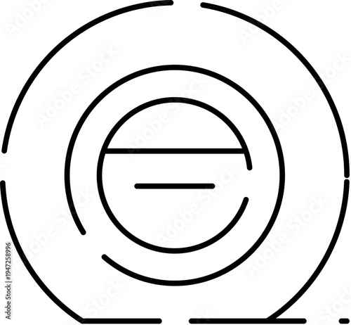 Minimal black line art of concentric, broken circles with a central horizontal bar forming an abstract, modern icon or ui symbol suggesting progress, control, or connectivity