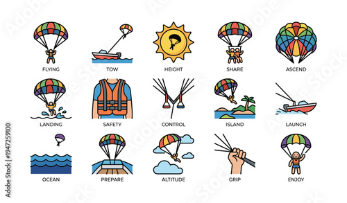 Colorful paragliding activity icons including parachute landing and launch over ocean and island