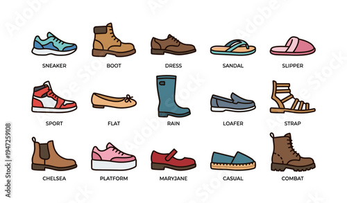 Collection of various footwear types including sneaker boot dress shoe sandal and more