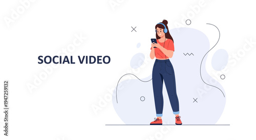Social Video Concept: Woman with Headphones Watching Smartphone, Text Overlay