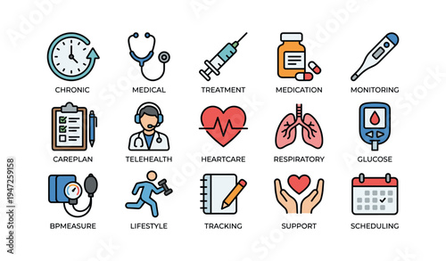 Medical icons set featuring telehealth, treatment, and health monitoring symbols