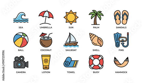 Summer icon collection: beach essentials including sun, palm, and sailboat