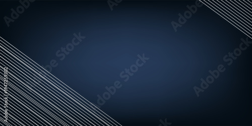 Dark blue abstract modern background with blue glowing stripes. Futuristic technology concept banner design. Vector illustration horizontal wide background with geometric lines pattern.