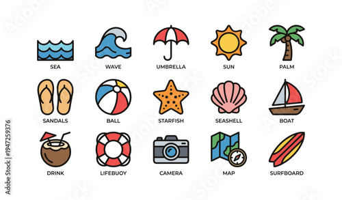 Summer beach icons: waves, sun, and fun elements illustration