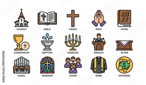 Christian symbols and practices: church, bible, cross, candles, baptism, hymn, communion, altar