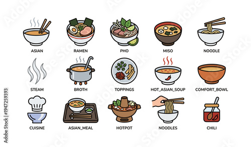 Asian cuisine icons: ramen, pho, miso, noodles, hotpot, broth, chili