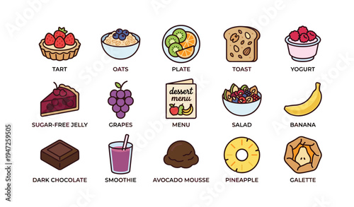Illustrations of various food items including tart, oats, smoothie, and salad