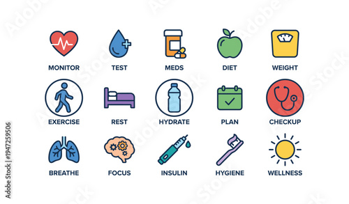 Health and wellness icons highlighting exercise, diet, hydration, and medical checkups