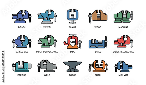 Collection of various vises and tools for woodworking and metalworking projects