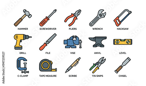 Essential hand tools collection with icons including hammer, screwdriver, pliers, anvil, level