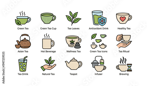 Diverse tea icons collection featuring cups, teapots, and leaves