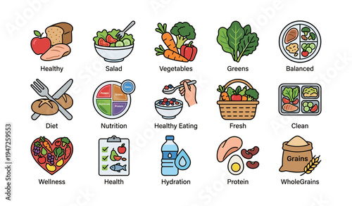 Healthy food icons featuring salad, vegetables, nutrition, and balanced diet symbols