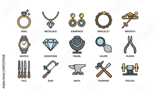 Jewelry tools and accessories collection with gemstones, necklaces, and watches