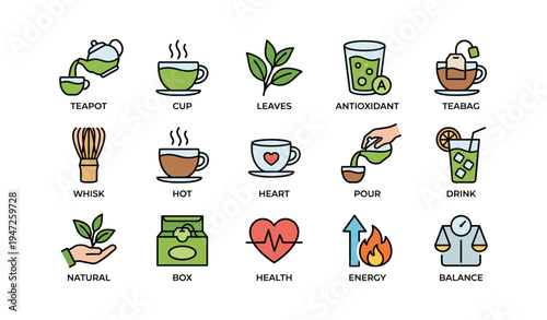 Set of tea-related icons featuring teapot, leaves, and health symbols