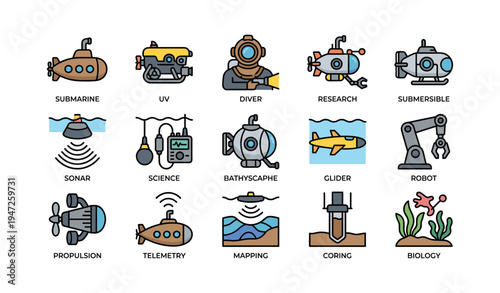 Underwater exploration icons featuring submarine, diver, and research equipment