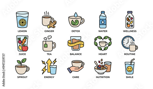 Colorful icons of healthy drinks and wellness themes for balanced lifestyle