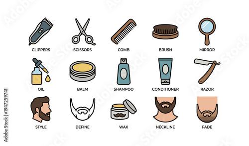 Essential male grooming tools: clippers, scissors, comb, brush, mirror, oil, balm, shampoo, conditioner, razor