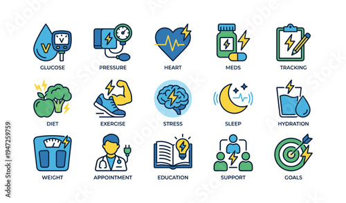 Health monitoring icons: diet, exercise, stress, sleep, hydration, weight, education, support