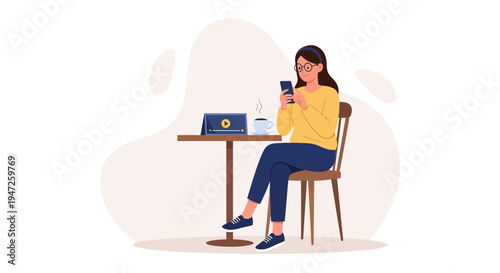Woman in cafe using smartphone, enjoying coffee and music with headphones