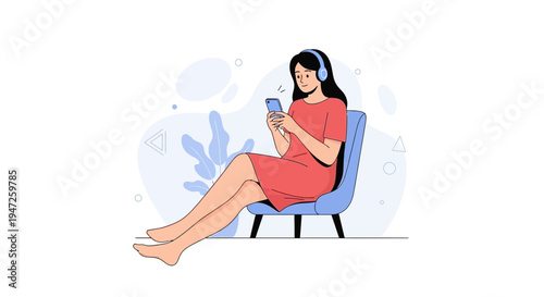 Woman in headphones listening to music on phone while relaxing in chair