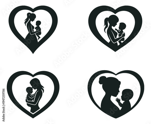 Mother Love silhouette icon set, heart family care embrace, maternal designs, minimal black vector graphics, editable scalable illustration for POD, greeting cards