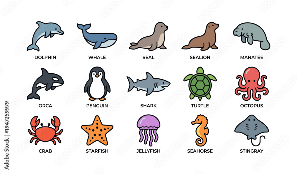 Obraz premium Colorful cartoon marine animals collection with dolphin, whale, seal, and more