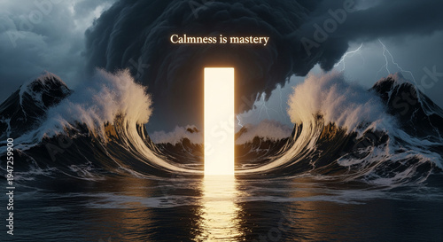 Glowing golden monolith standing perfectly still in a violent dark ocean storm, visualizing emotional regulation and stoic mastery.