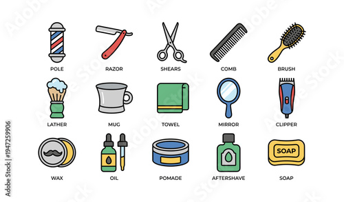 Barber tools collection including razor, shears, comb, and clipper