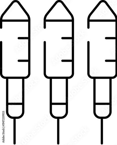 Three outline firework rockets creating a simple pyrotechnic illustration, symbolizing celebration, explosion, and special events on a white background