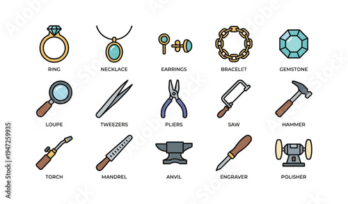 Jewelry making tools and accessories collection with ring, necklace, earrings, and workshop instruments