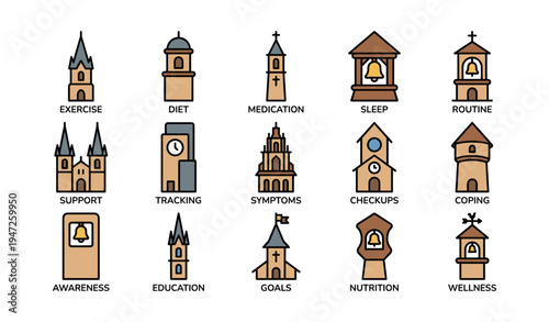 Health and wellness icons: exercise, diet, medication, sleep, routine, support, education, nutrition