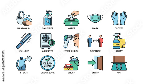 Hygiene and safety icons set featuring sanitizer, masks, gloves, and cleaning tools